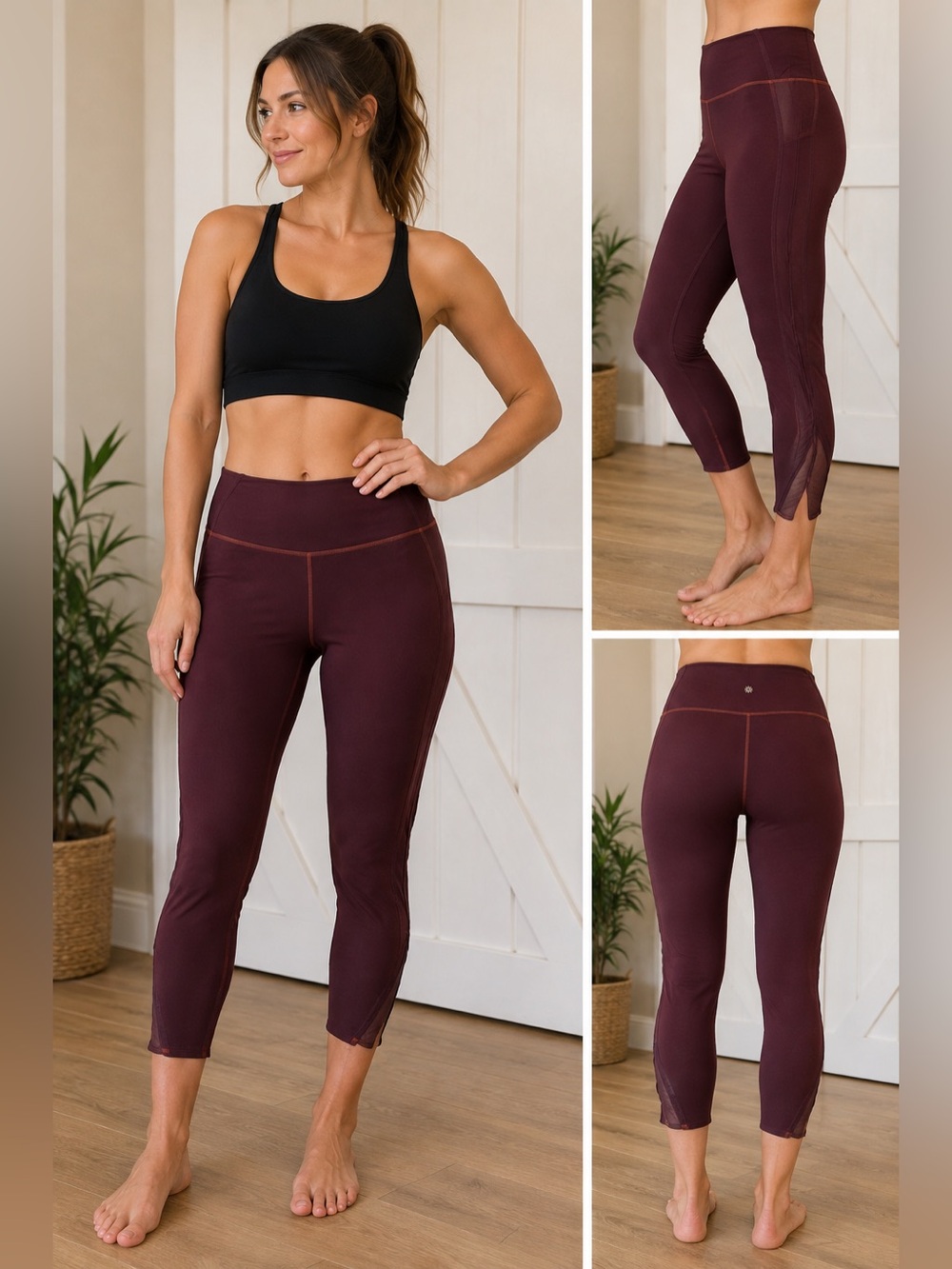 Athleta Leggings Large Burgundy High Rise Mesh Cutout Workout Yoga Pants